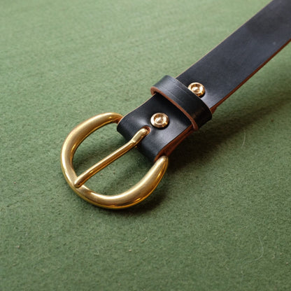 Dark Leather Belt with Brass Oval Buckle