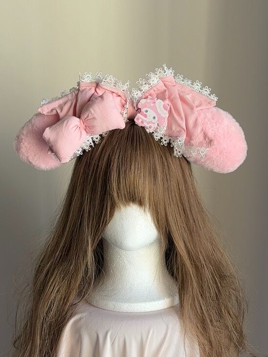 Pink Plush Bunny Ear Lace Headband
