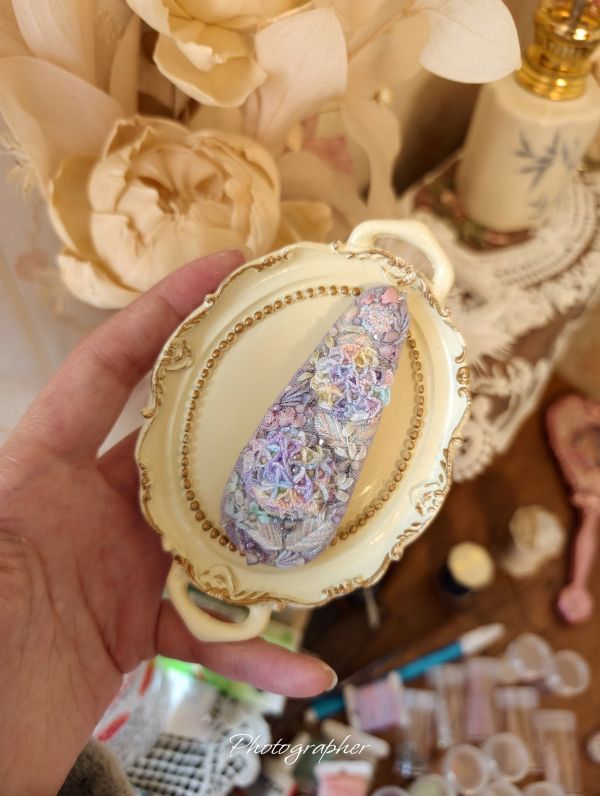 Handmade Embroidered Hair Clips Floral Set