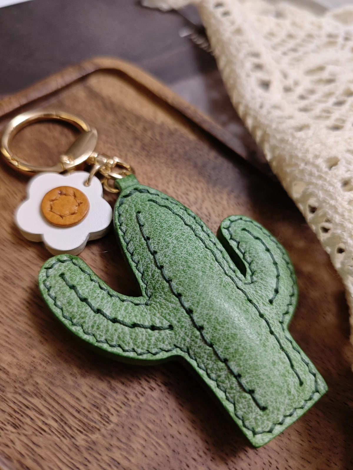 Waxed Leather Cactus Keychain with White Flower Charm