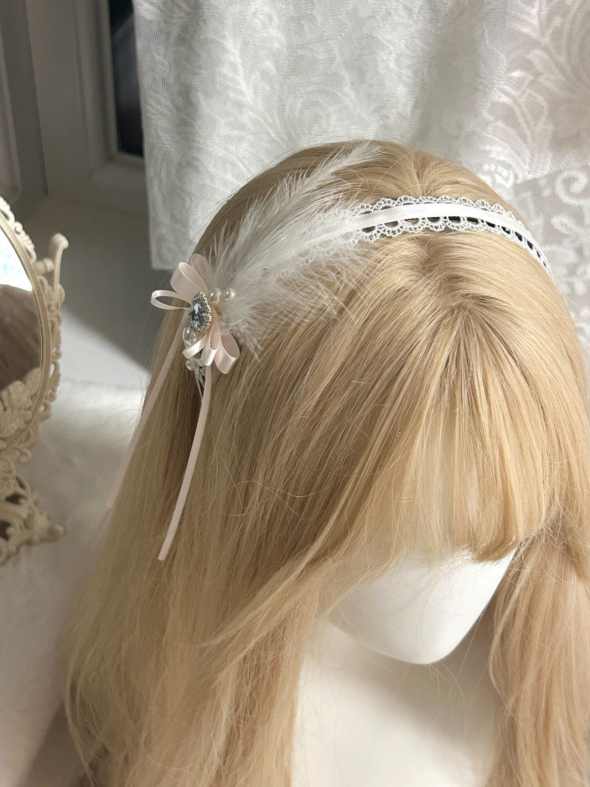 Lace Feather Bow Heart Crystal Headband