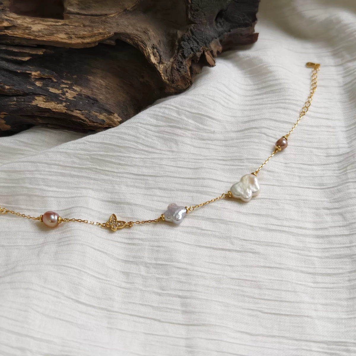 Gold Tone Sterling Silver Pearl Clover Bracelet