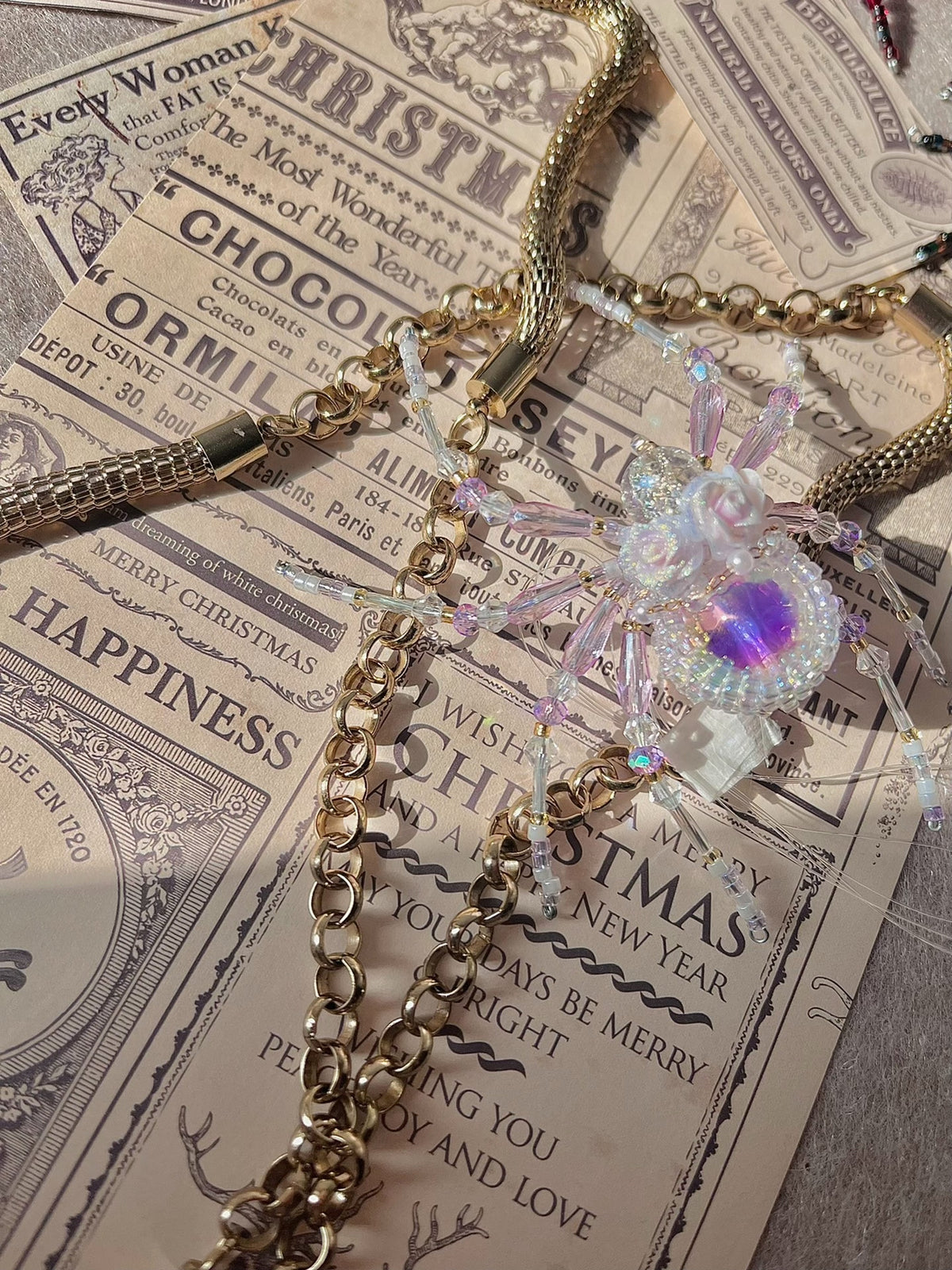 Handmade Beaded Spider Charm Purple Crystal
