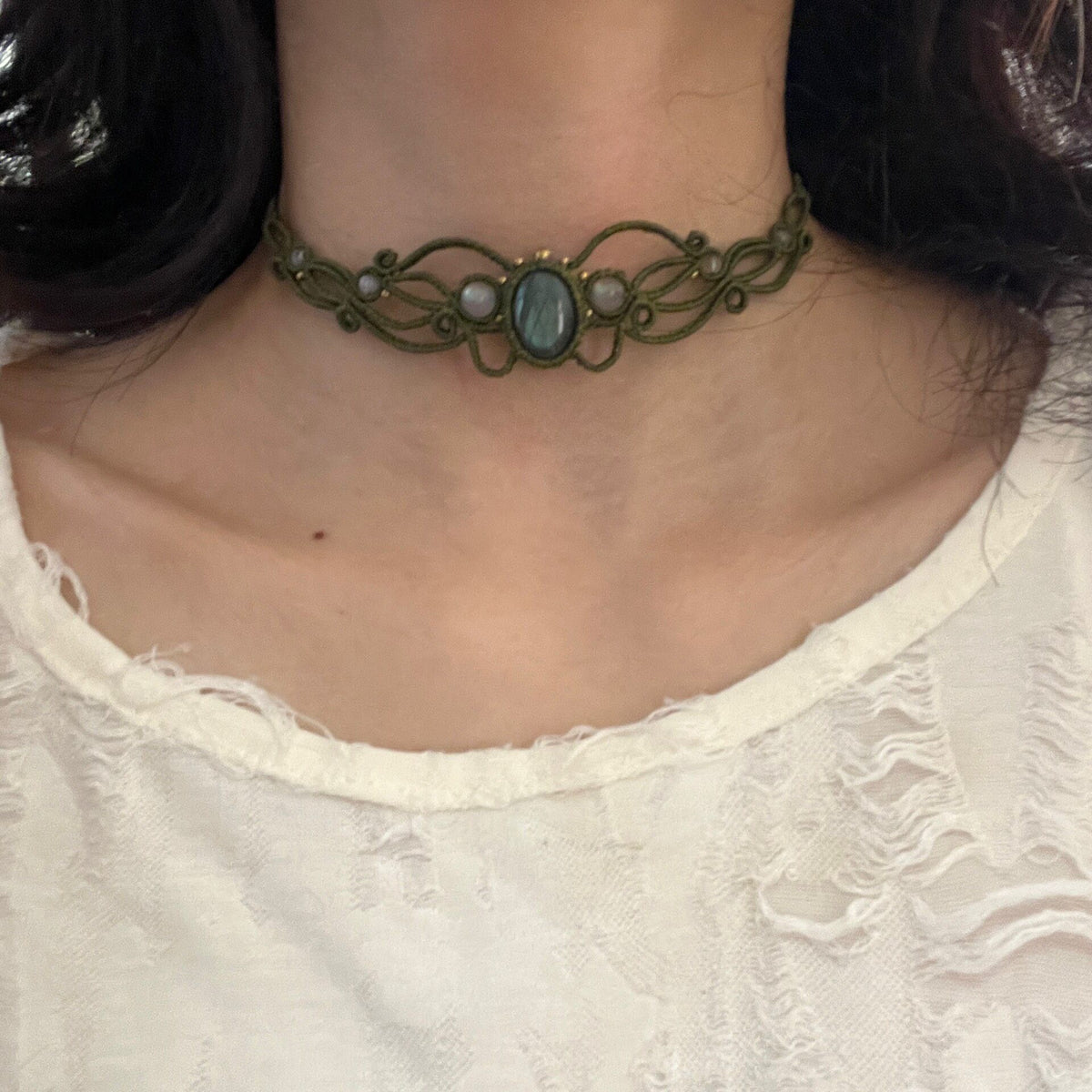 Macrame Labradorite Necklace Waxed Thread