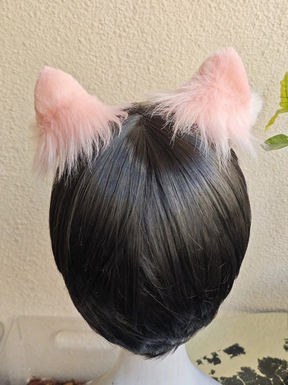Handmade Cat Ears Headband Pink White Gradient Fur with Pom-Poms
