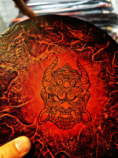 Handcrafted Leather Tray with Lava Gradient and Raised Mask Carving