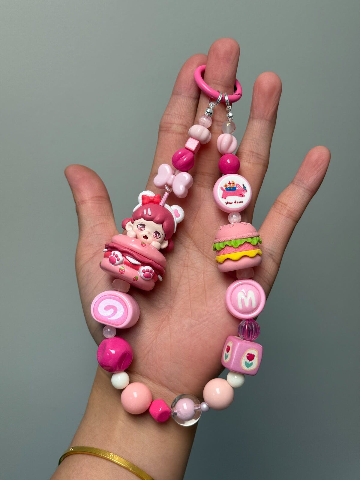 Pink Burger Character Beaded Phone Chain