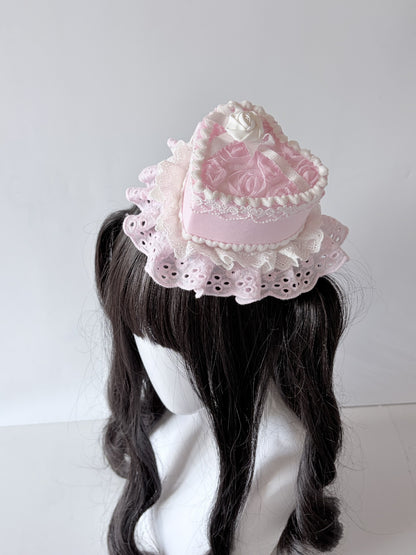Pink Rose Heart Mini Top Hat with Veil Lolita Headpiece
