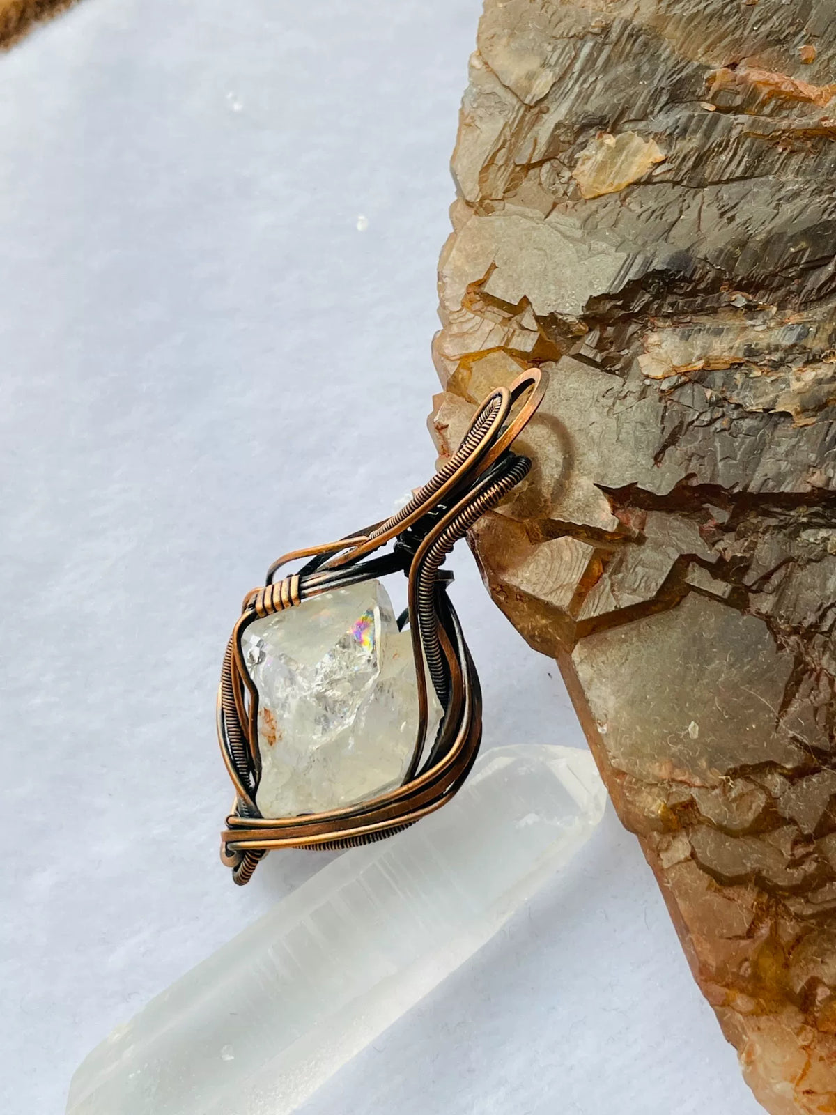 Double Terminated Raw White Quartz Copper Pendant