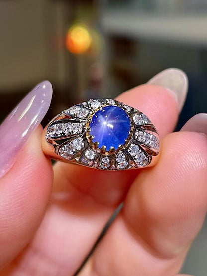 18k Two-Tone Gold Star Sapphire Ring with Diamond Pavé Wings