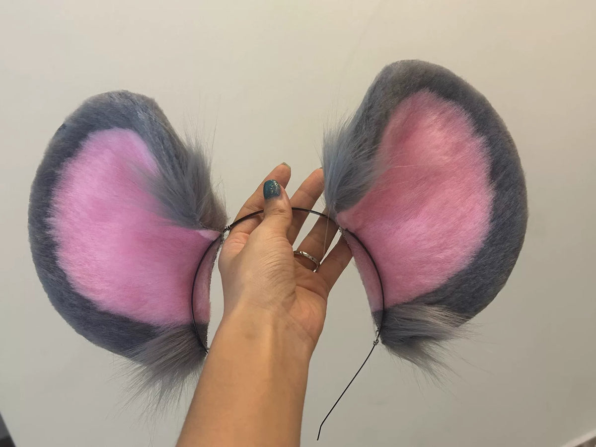 Oversized grått fluffigt pannband med musöron
