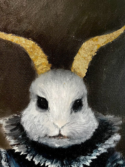 Surreal Portrait of a White Rabbit with Golden Horns in Victorian Dress