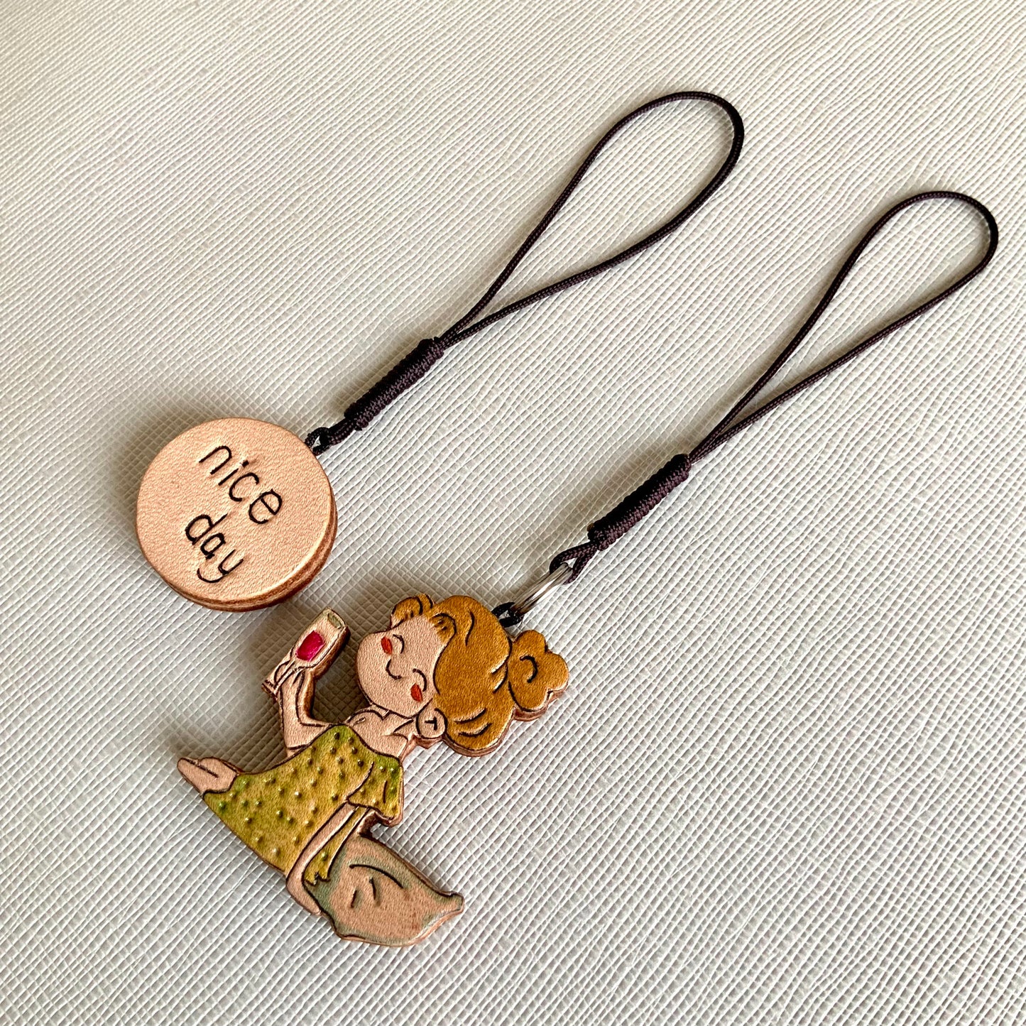 Leather Charm Set with Fairy Figure and "nice day" Disc