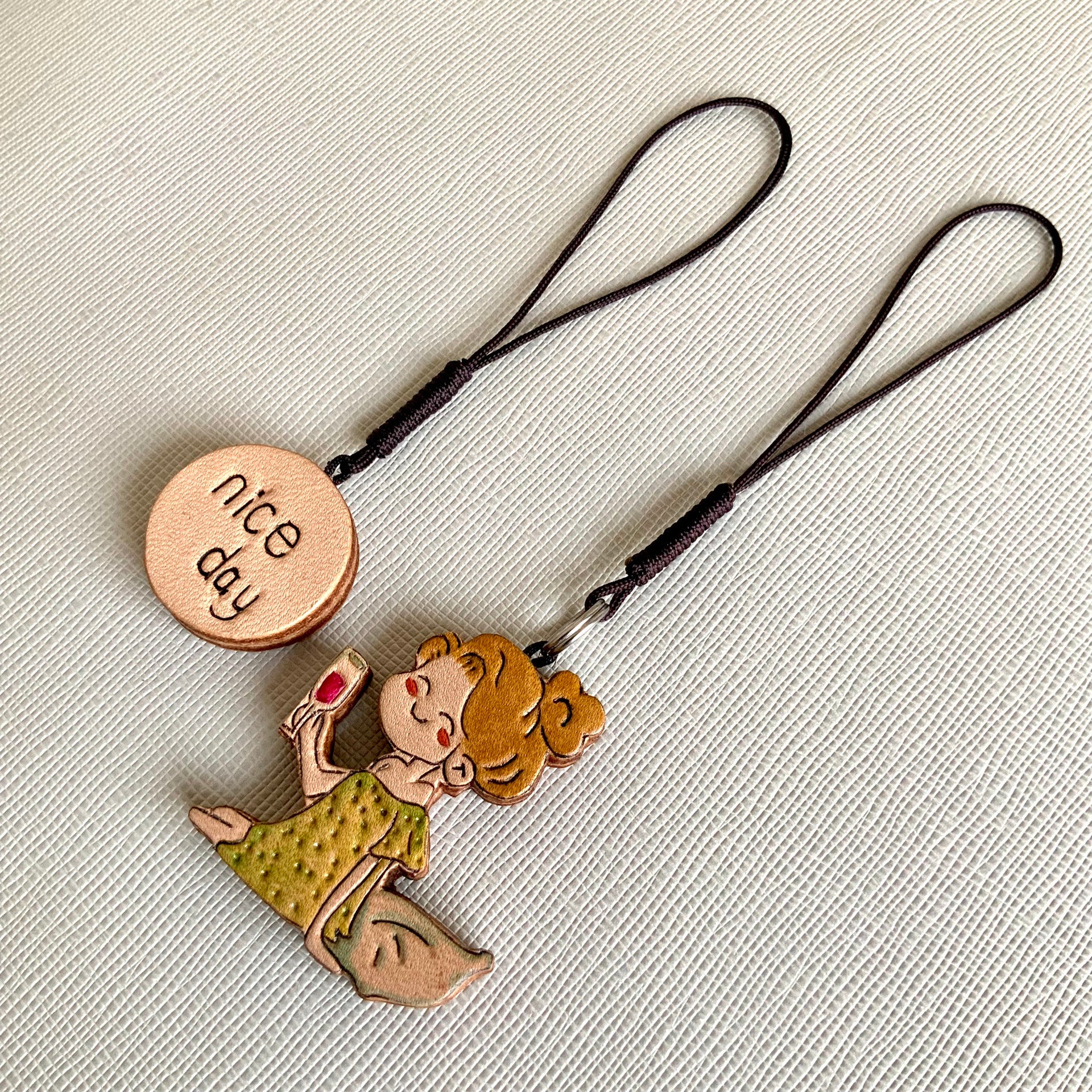 Leather Charm Set with Fairy Figure and "nice day" Disc
