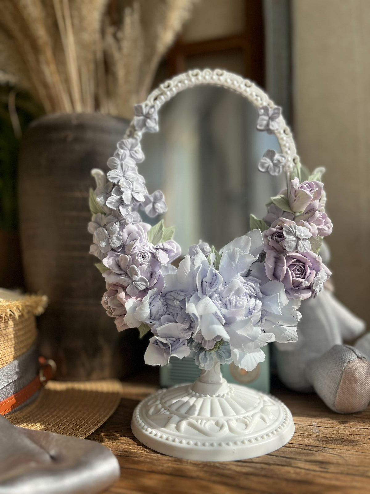 Clay Flower Decorative Tabletop Mirror