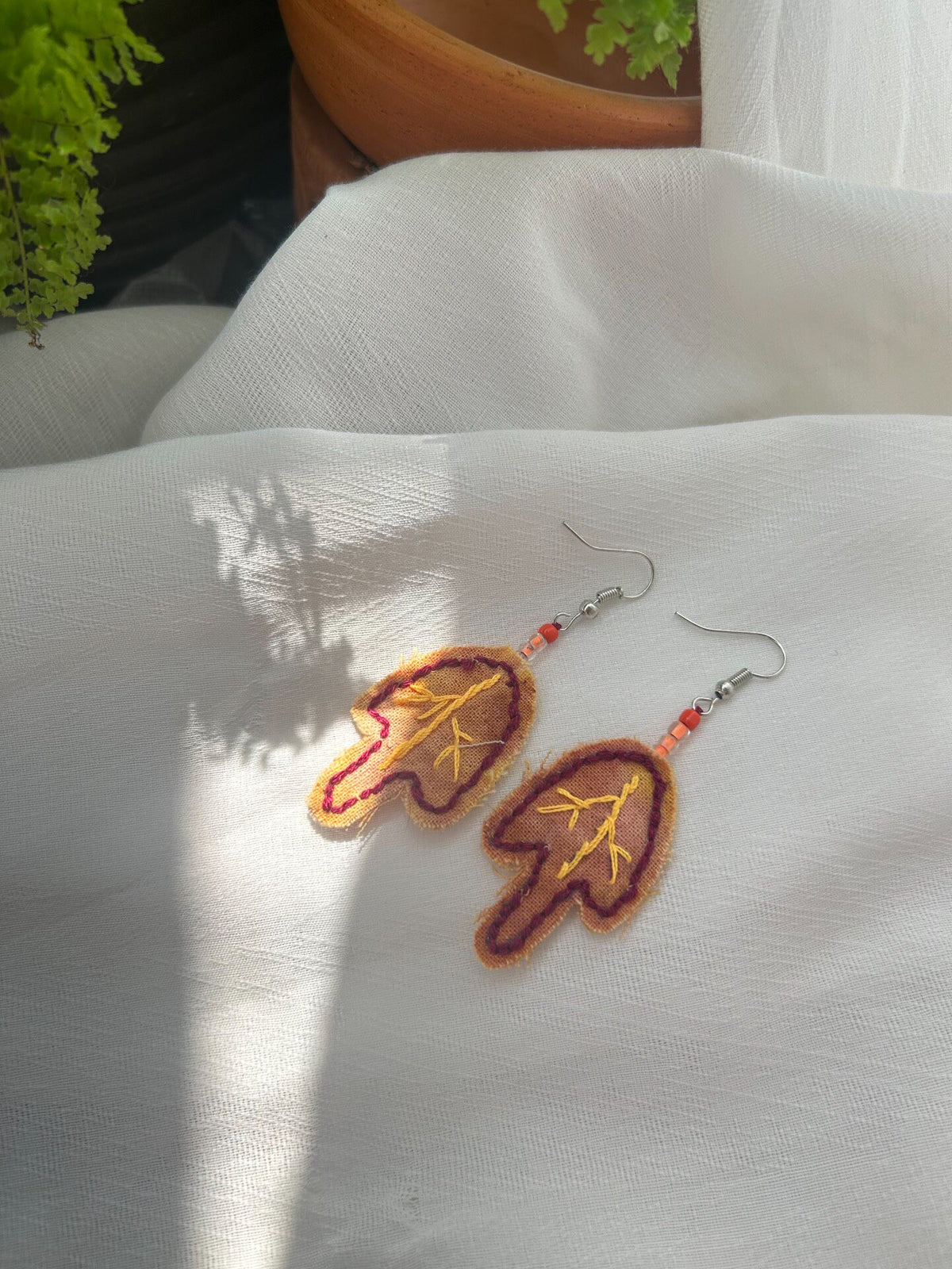 Handwoven Autumn Leaf Fabric Earrings