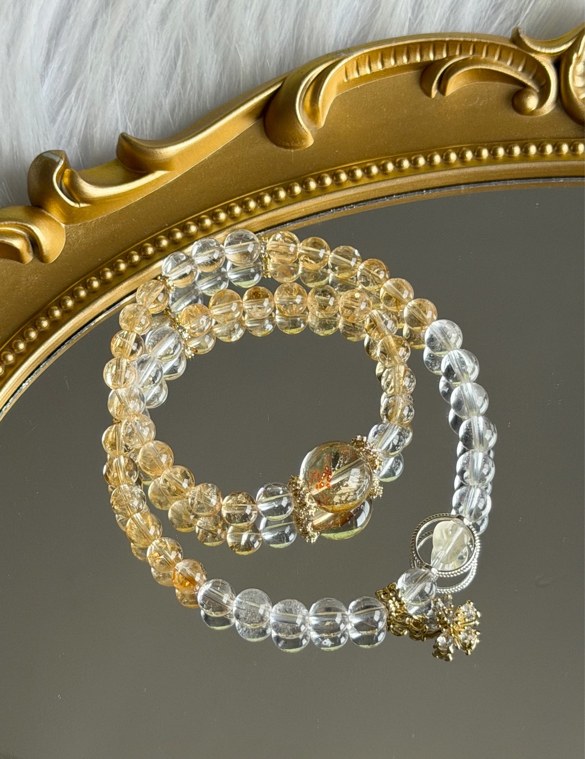 Pulseira de Dupla Volta em Quartzo Natural Transparente e Amarelo