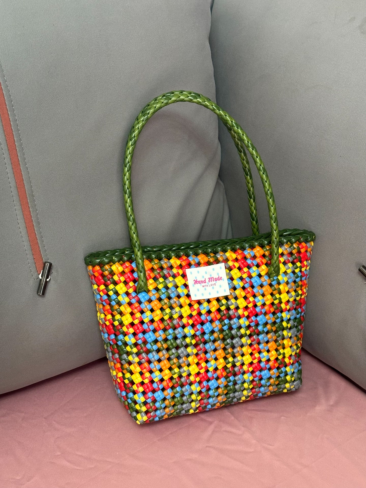 Mala Tote de Vime Tecida à M Arco-íris