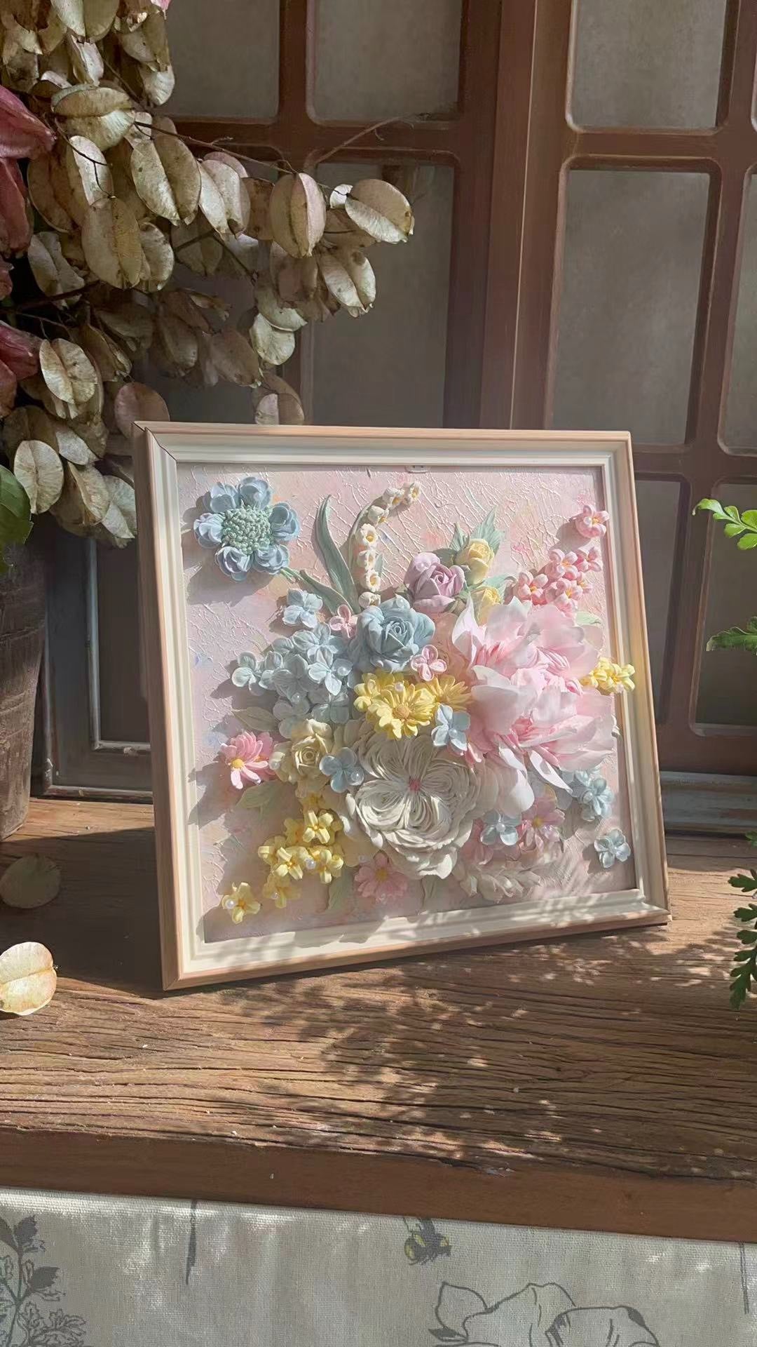 Clay Floral Art in Cream Square Frame