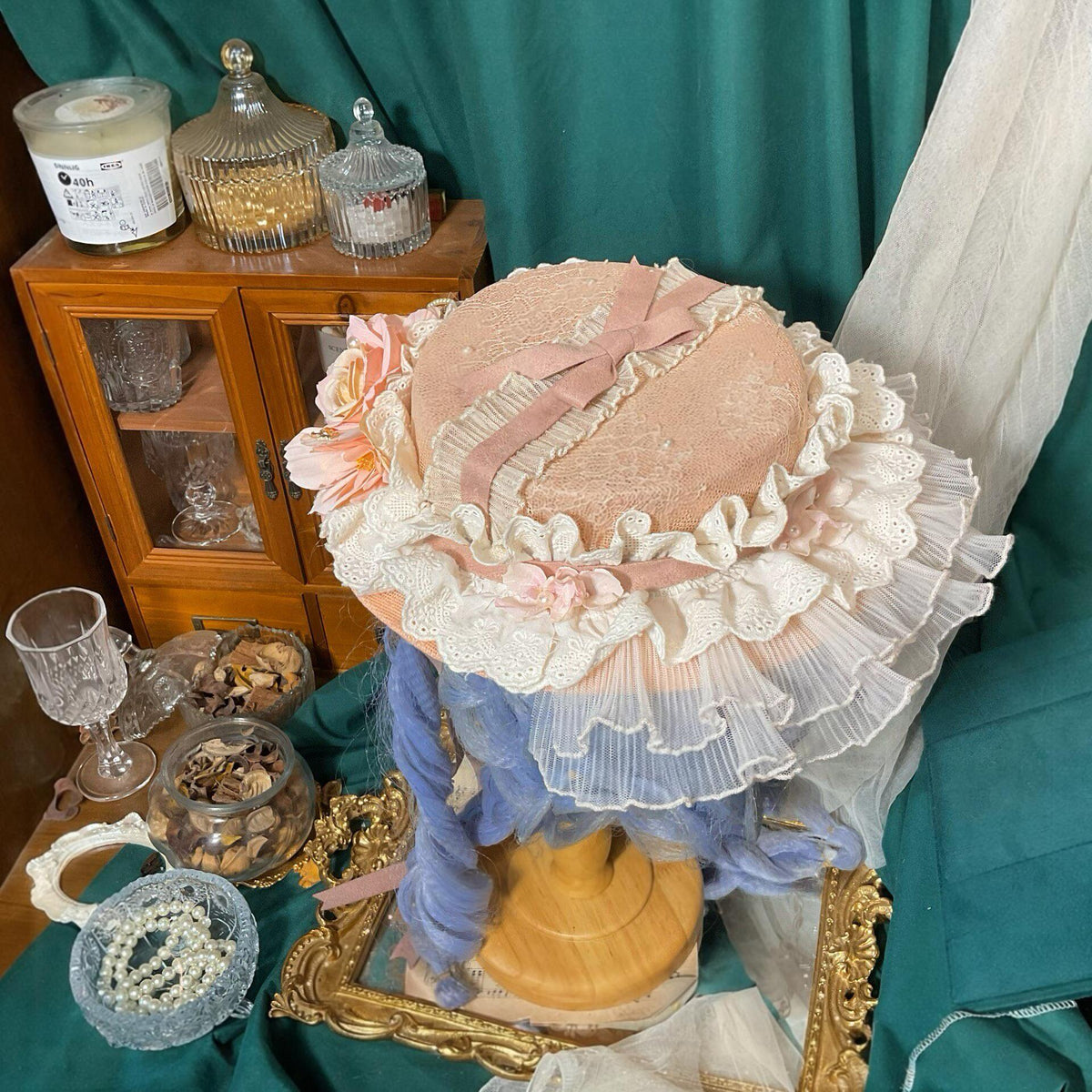 Lolita Straw Flat Hat with Floral Lace
