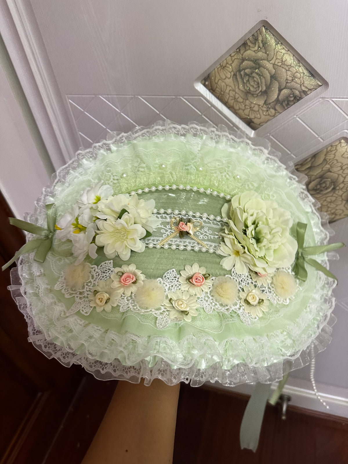 Light Green Bonnet Flat Cap with Pearl Trim