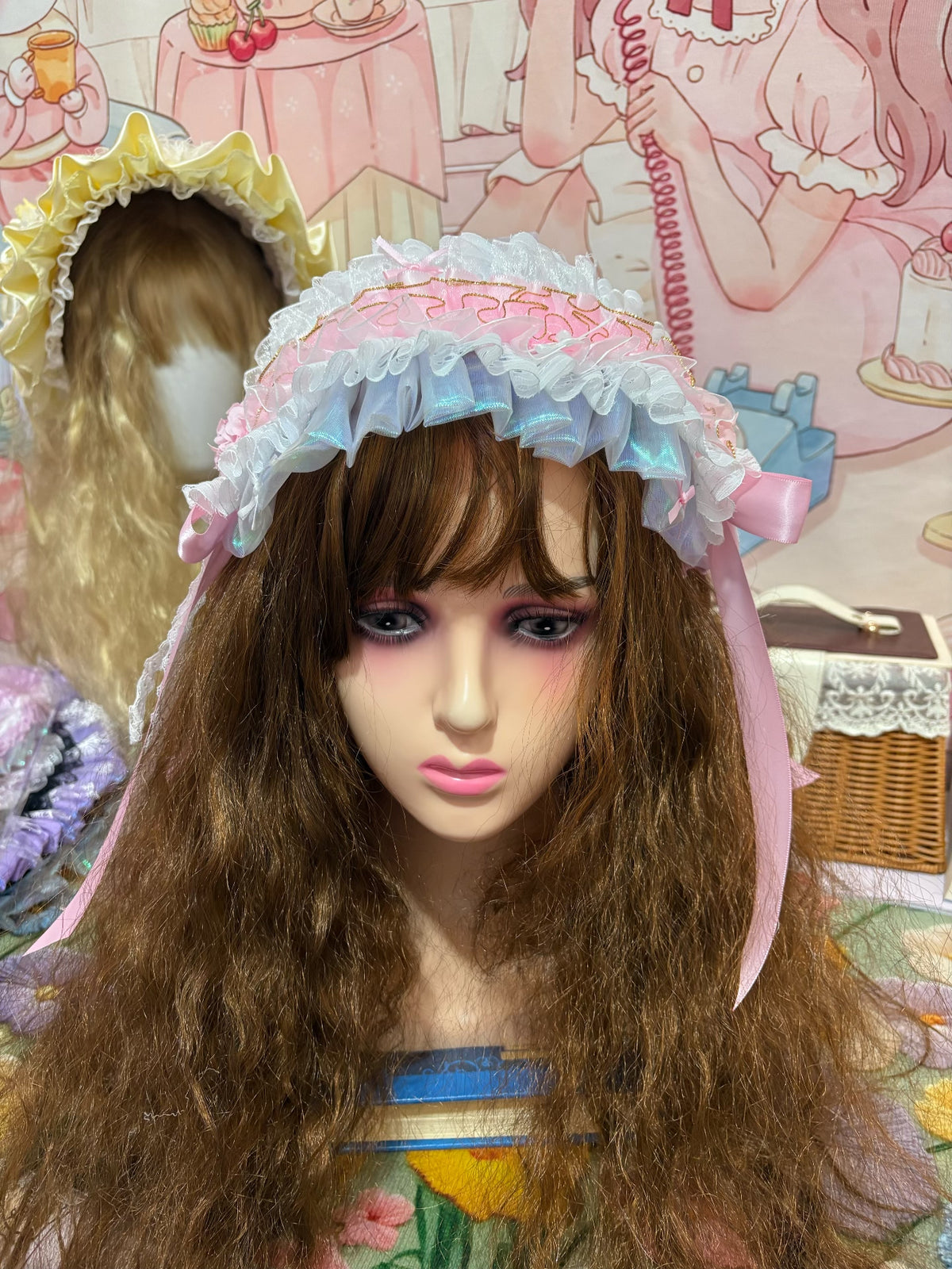 Handgakte Lolita Dome Hoed Roze Blauw Kant