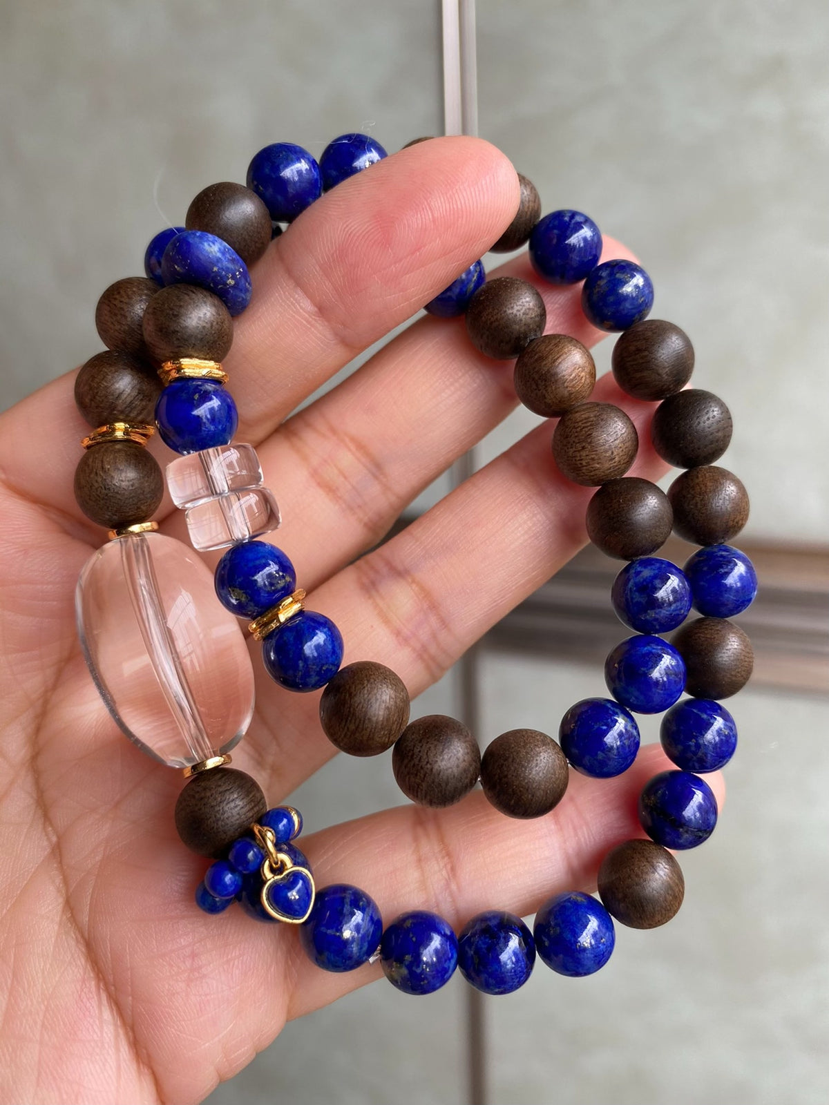 Double Strand Wood Lapis Bracelet