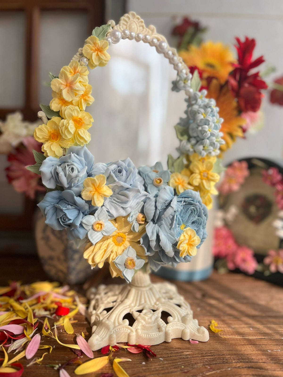 Clay Flower Oval Decorative Mirror