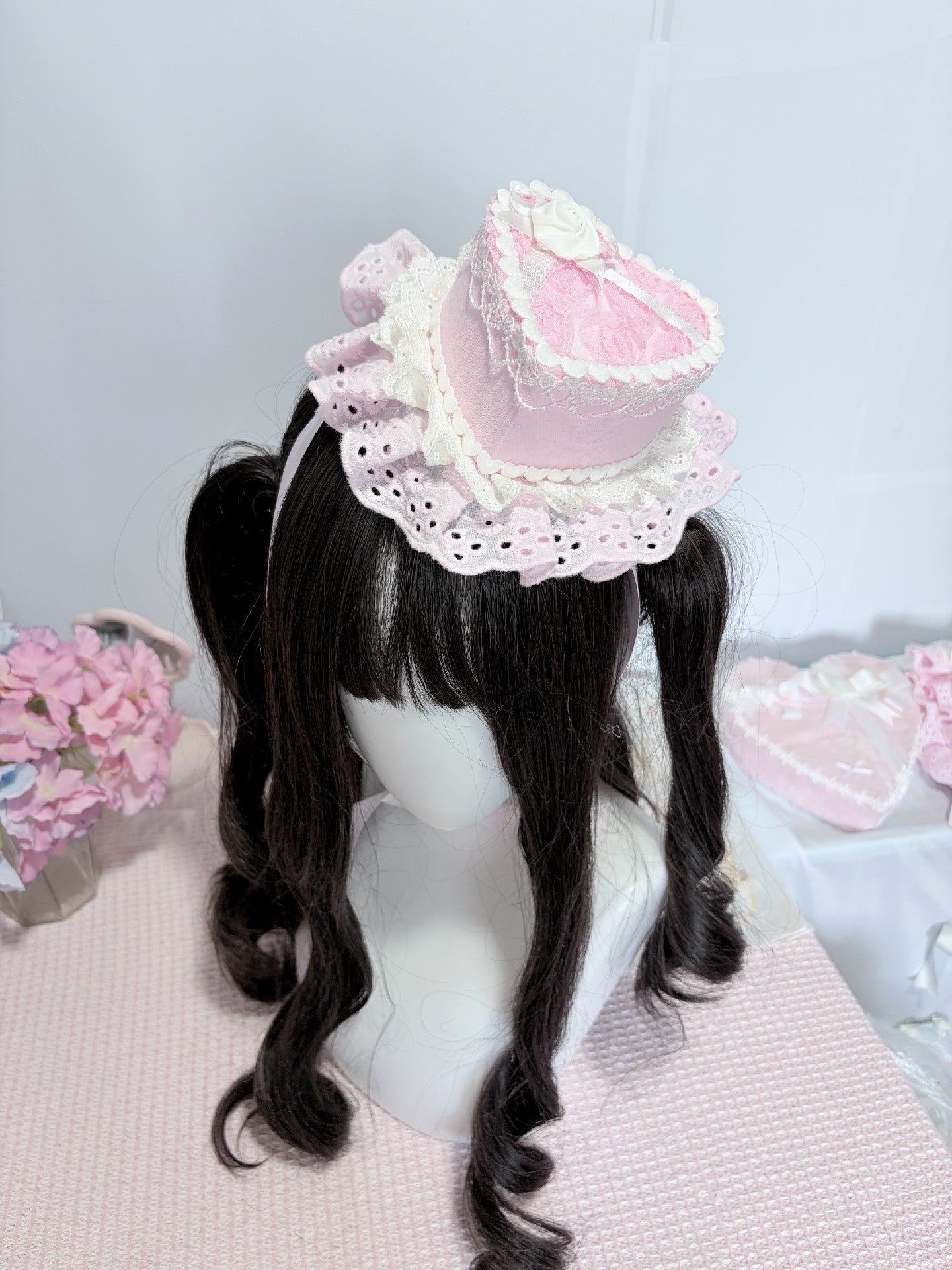 Pink Rose Heart Mini Top Hat with Veil Lolita Headpiece