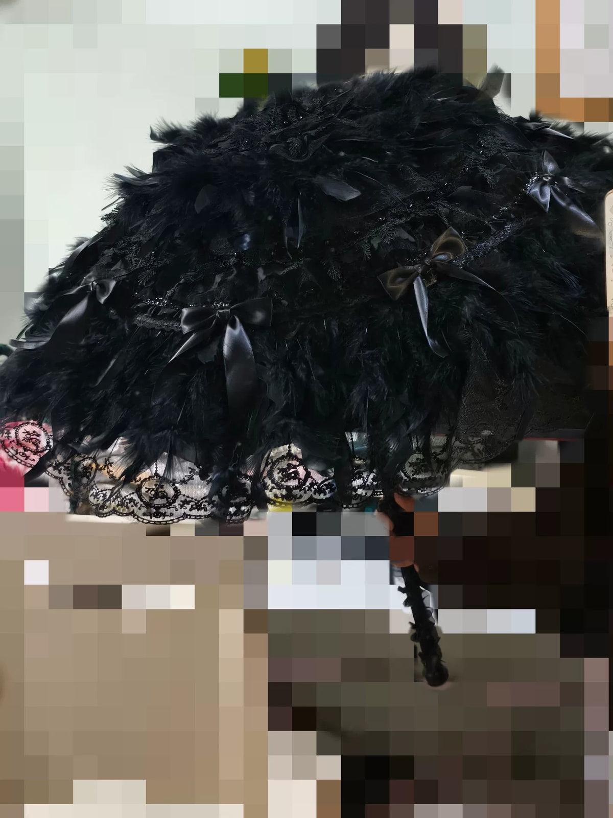 Parasole Gothic Lolita artigianale in piume nere