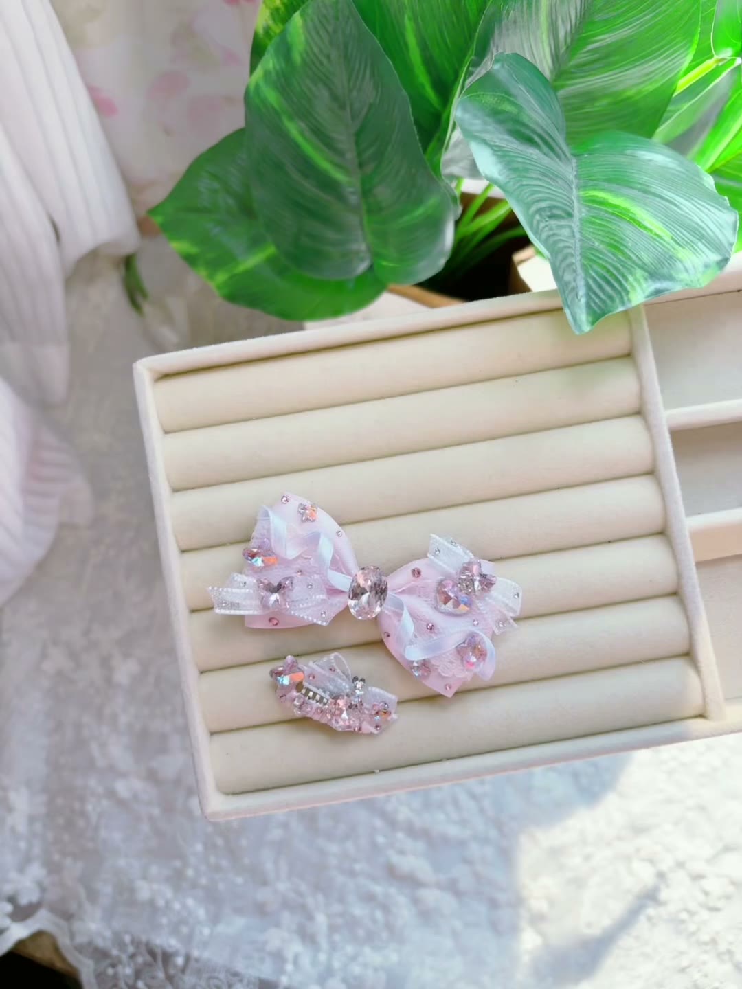 Pink Rhinestone Bow Hair Clip Set