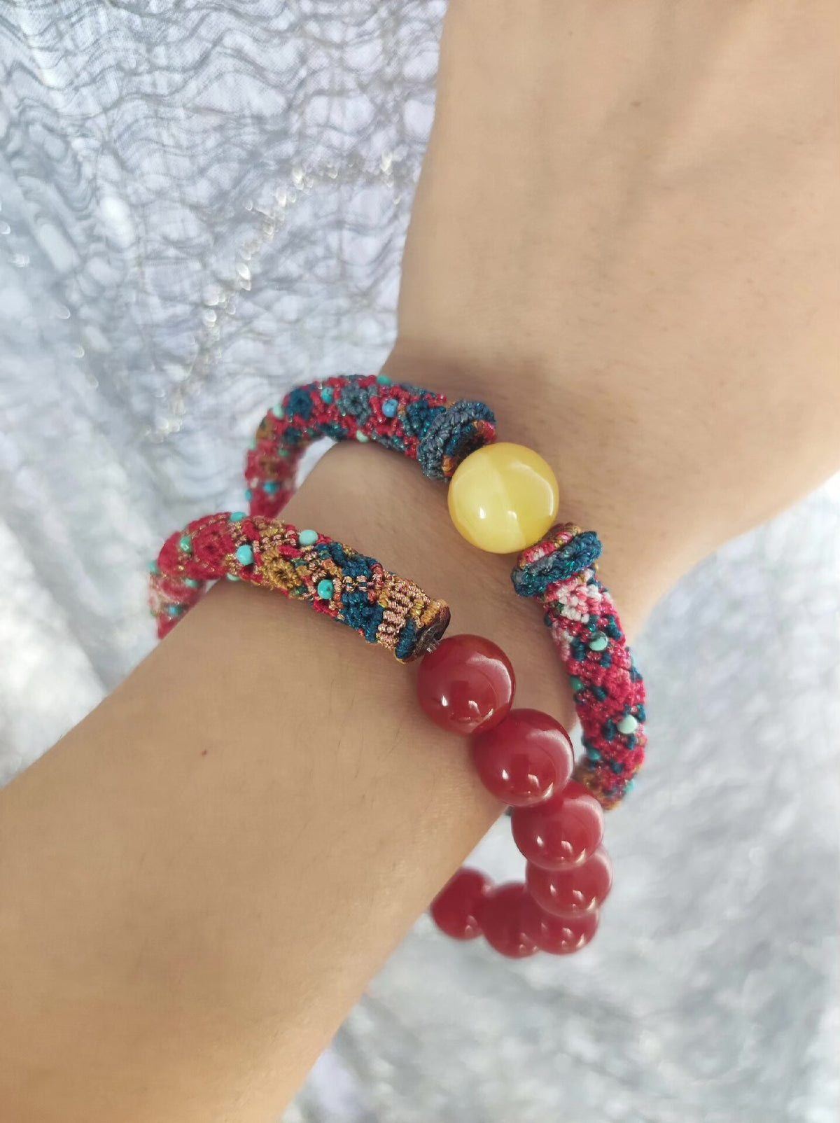 Dunhuang Pattern Woven Bracelet with Amber Bead