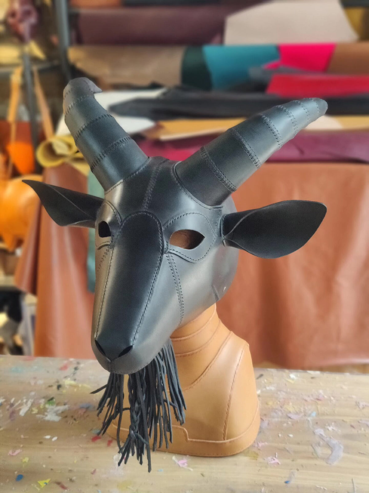 Black Leather Goat Mask Handcrafted Cowhide