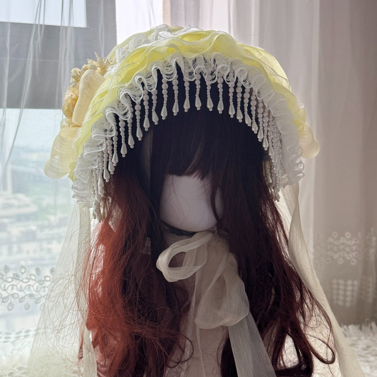 Handmade Straw Bonnet with Pearl Fringe