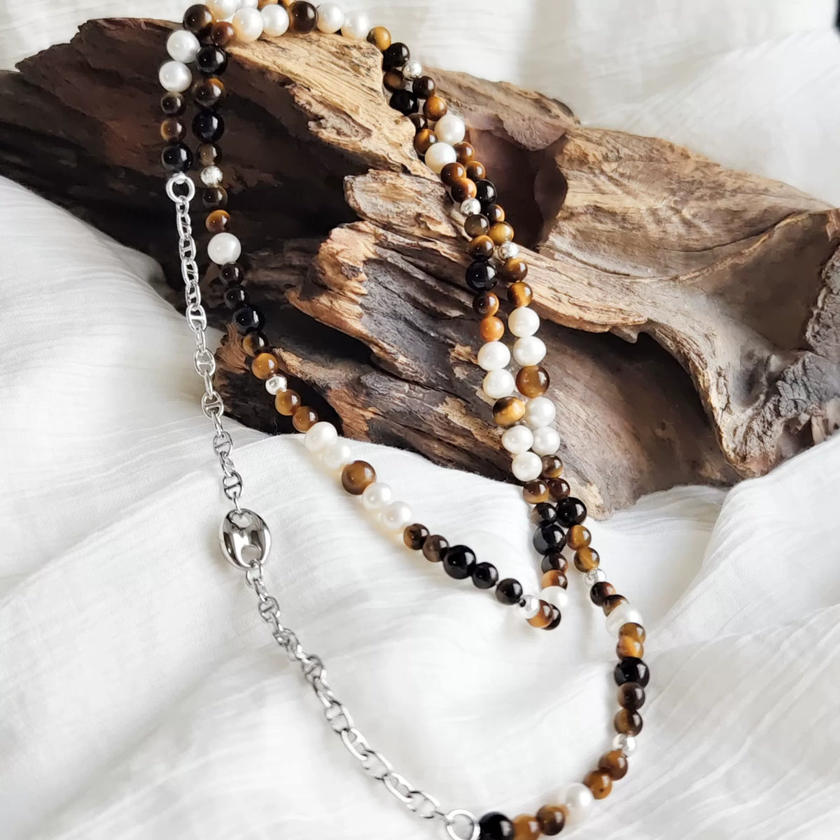 Yellow Tiger Eye Pearl Black Agate Sweater Chain