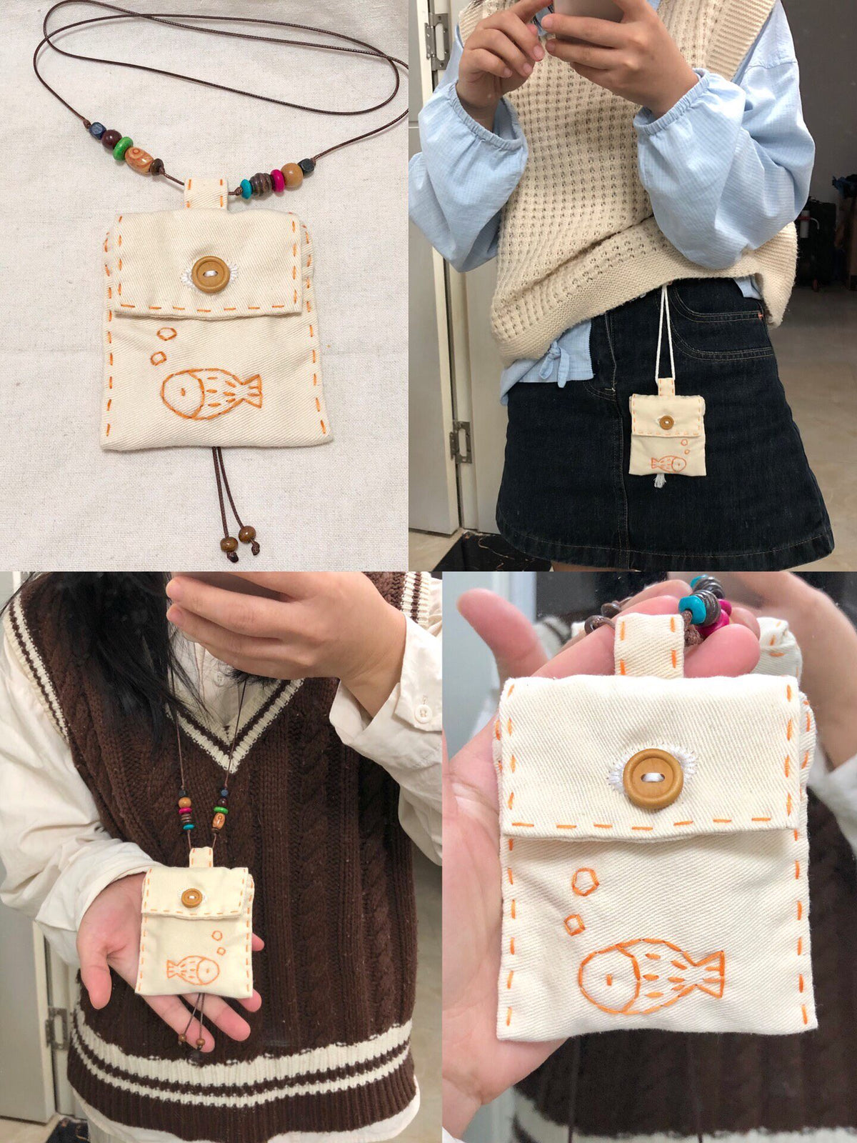 Handmade Cotton Fish Pouch with Wooden Button