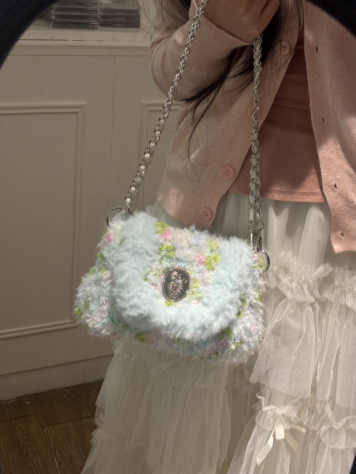 アイシーブルー クロシェ編み チェーンショルダーバッグ
