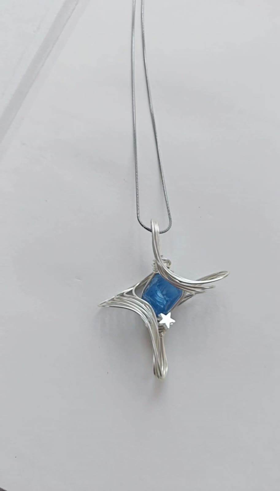 Handcrafted Wire Wrapped Necklace Blue Cat Eye Star