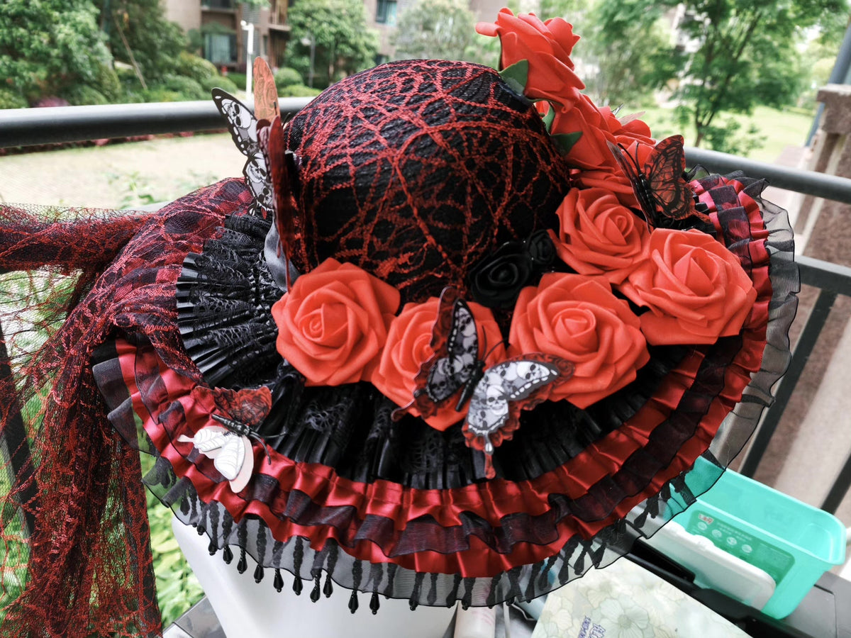 Gothic Lolita spindvävs-bonnet med pärladade fransar