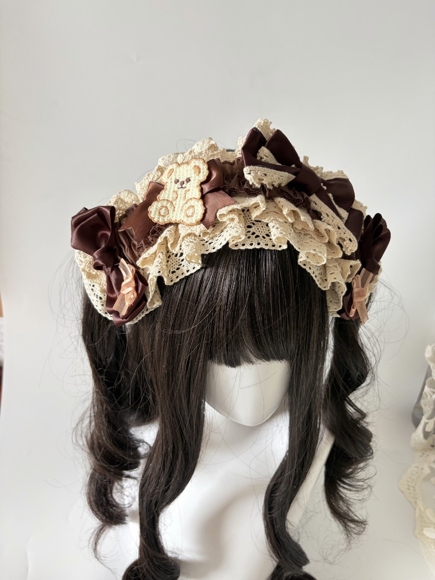 Chocolate Brown Lace Headband with Teddy Bear Appliqué and Satin Bows
