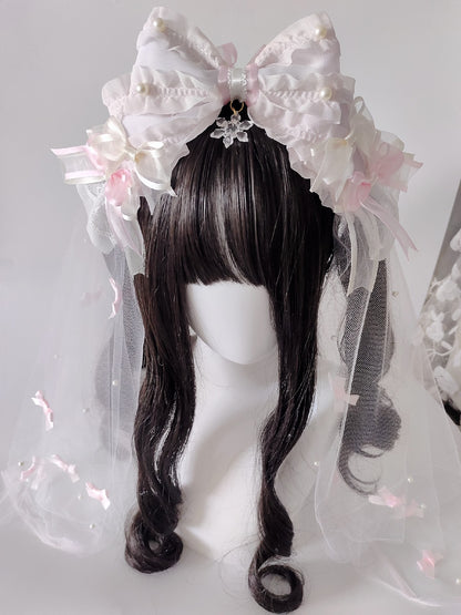 Lolita Large Bow Headband with Veil – Pink or Blue