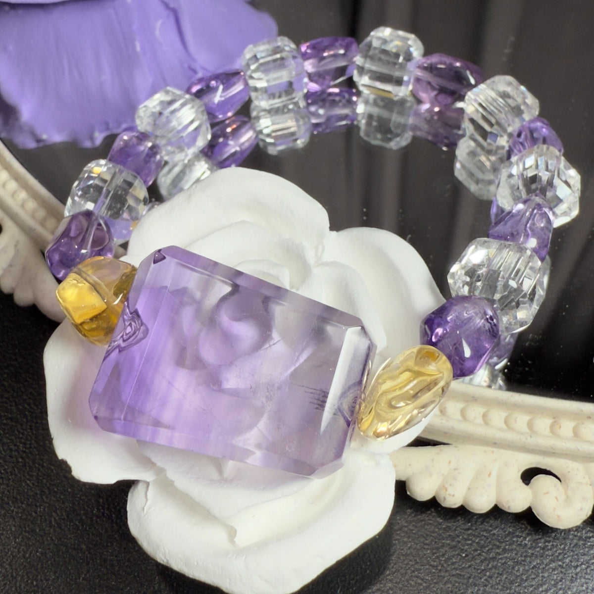 Pulseira de Contas de Ametista, Citrino e Quartzo Transparente Cube