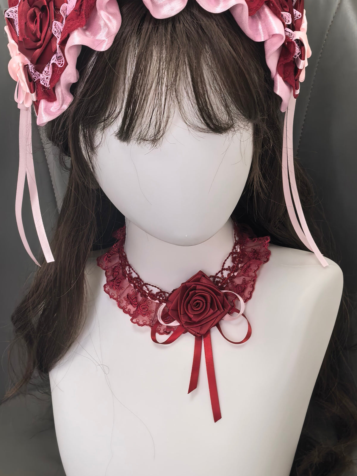 Wine Red Lace Rose Choker Necklace