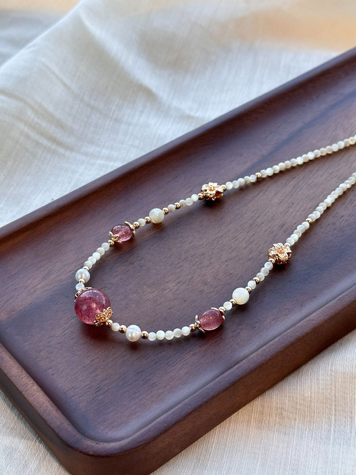 Strawberry Quartz Pearl Beaded Necklace