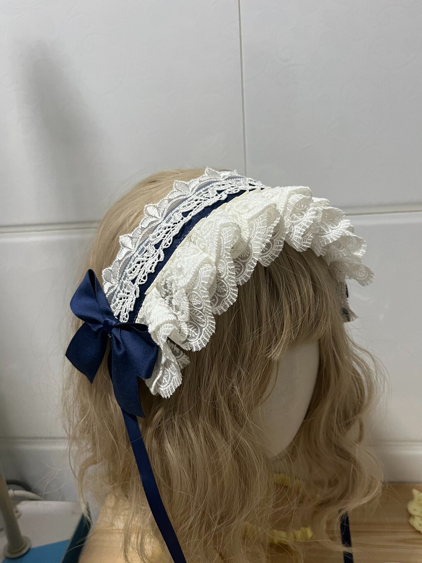 Lolita Navy Blue Bow White Lace Headband