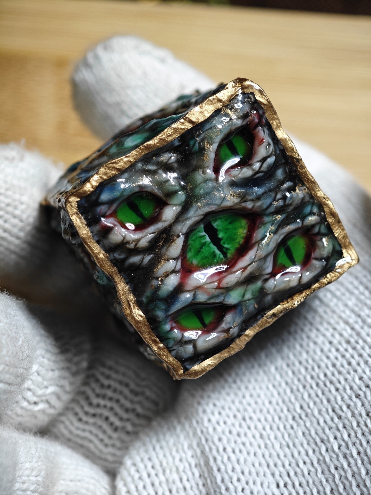 Custom Handmade Resin d20 Die with Snake Eye and Gold Leaf Design