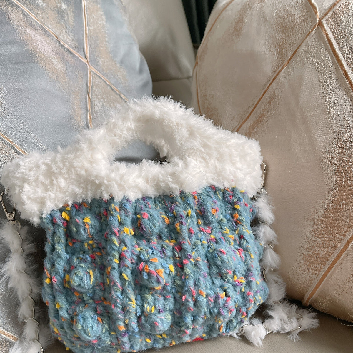 Handmade Yarn Tote with Fluffy Handles