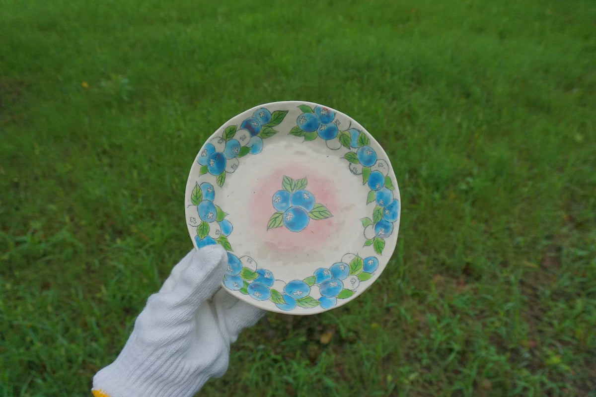 Hand Painted Ceramic Plate with Blueberry Pattern