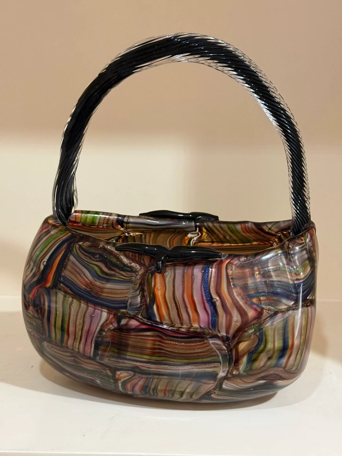 Multicolored Glass Handbag Vase with Twisted Handle