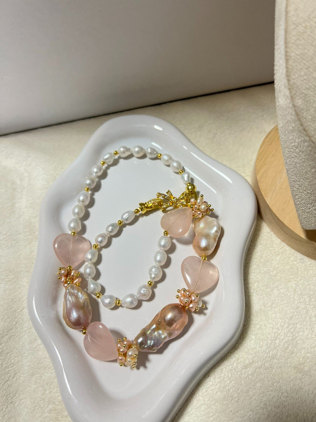 Pink Quartz and Baroque Pearl Necklace